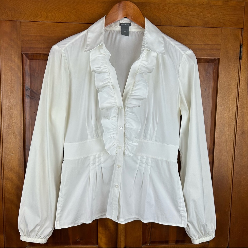Ann Taylor Cream Ruffle Front Button Down Shirt